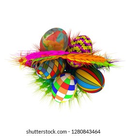 Colored basket of the ears of wheat with Easter eggs. 3d render