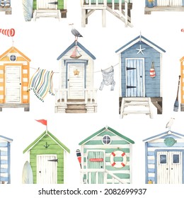 Colored beach huts with seagulls and beautiful decoration design elements on white background. Seamless watercolor pattern, summer marine illustration for textile, wallpaper or wrapping paper.