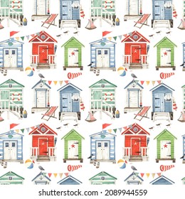Colored beach huts with seagulls and beautiful decoration design elements isolated on white background. Seamless watercolor pattern, summer marine illustration for textile, wallpaper or wrapping paper
