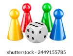 Colored board game pieces with dice, 3D rendering isolated on white background