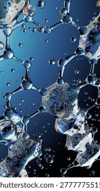 Colored bubbles form a notable molecular pattern showing hexagonal structures and light reflections. 3D Illustration