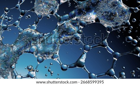 Colored bubbles form a notable molecular pattern showing hexagonal structures and light reflections. 3D Illustration