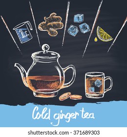 Colored Chalk Drawn Illustration Of Cold Ginger Tea In Teapot With Ingredients. Cold Beverage.