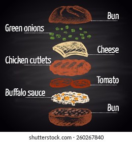  Colored Chalk Painted Buffalo Chicken Burger Ingredients. Infographic.