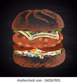  Colored Chalk Painted Illustration Of Buffalo Chicken Burger.