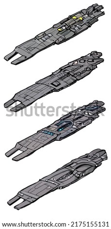 Colored concept art drawing image - four destroyer variation set pack - sci-fi spaceship design ideas for projects, stories, blog, trace guide, etc.