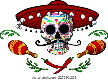 colored hand drawn illustration of sugar skull with sombrero, maracas and chili peppers. - Powered by Shutterstock