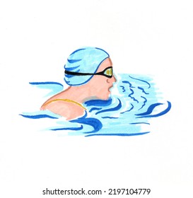 Colored hand sketch head swimmer. girl swims in the water. Drawing with colored markers. Hand drawn illustration of sport.  - Powered by Shutterstock