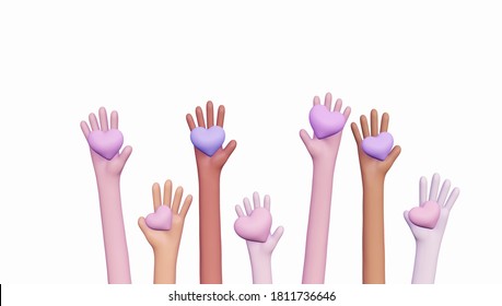 Colored hands raised up and hold hearts. Volunteering hands, participation of multiracial people. 3d illustration. - Powered by Shutterstock