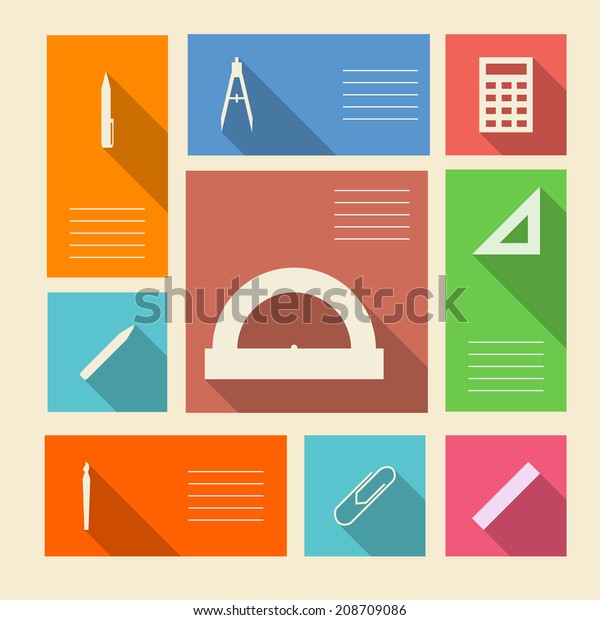 Colored icons for school supplies with place\
for text. Square colored icons with white silhouette symbols for\
school supplies and place for your\
text.
