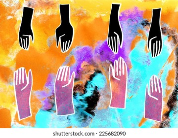 The colored illustration (applique-work) of five hands hand made with the different paper textures on the red, silver and gray background