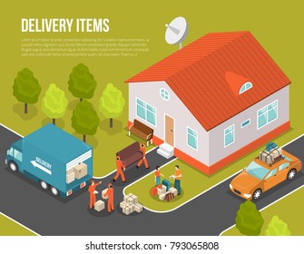 Colored Isometric Delivery Moving New Settler Illustration With Truck Near House And Loaders Hired To Move  Illustration