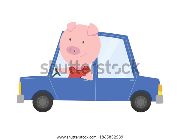 Colored\
kids transport with cute little pig or hog. Animal driving car.\
Cartoon animal driver, pets vehicle and happy in funny car.\
Transportation animal character travel in\
car