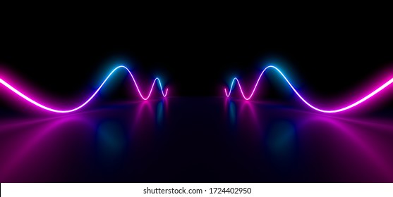 Colored luminous geometric shape on a black background. Blurred reflection on the floor. 3d rendering image.