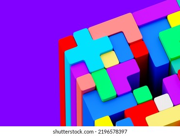 Colored Molds With Glossy Surface. Geometric Shapes Folded Into Rectangle Shape. Colored Molds With Glossy Surface. Geometric Shapes Folded Into Rectangle Shape. 3D Image