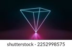 Colored neon glowing pyramid inverted stand in darkness, 3d rendering. Helium abstract delta on vertex with luminous line. Triangular or pyramidal diode frame with lighting laser. 3D Illustration