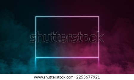 Colored neon glowing rectangle frame stand in darkness, fog effect, 3d rendering. Colorful electronic tubes with illuminated lamp and smoke. Rectangular box with lighting laser. 3D Illustration