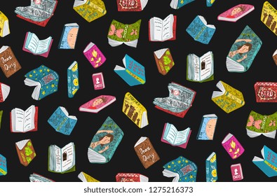 Colored Open Books Seamless Pattern Design. Colorful tileable bookstore library background illustration.