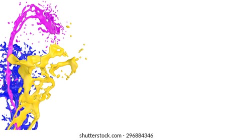 Colored paint splashes on white background 3D rendering