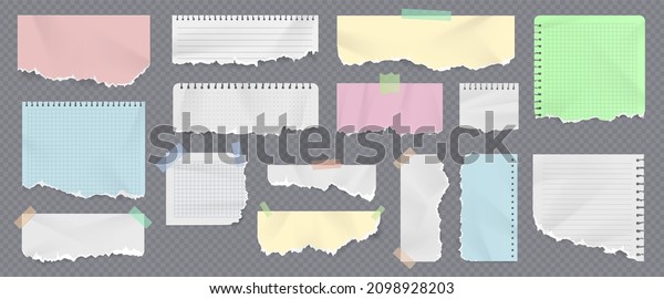 Colored paper\
notebook strips and pages with ripped edges. Realistic torn\
copybook pieces with duct tape. Crumpled sticky notes  set.\
Crumpled and damaged fragments for\
memos