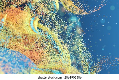 Colored particles with blue background, 3d rendering. Computer digital drawing.