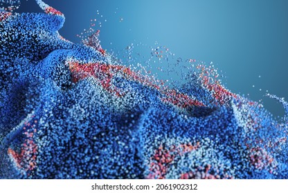 Colored particles with blue background, 3d rendering. Computer digital drawing.