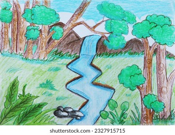 Colored pencil drawing  landscape green grass   forest   river