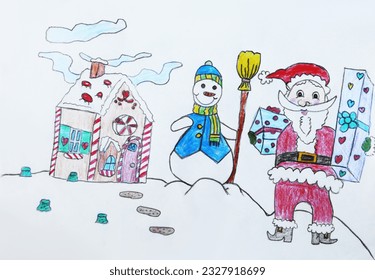 Colored pencil drawing snowy day and snowman   Santa Claus