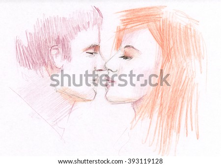 Colored Pencil Drawing Young Couple Love Stock Illustration