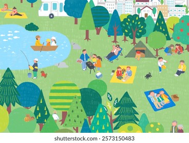 Colored pencil illustration of people spending time outdoors.