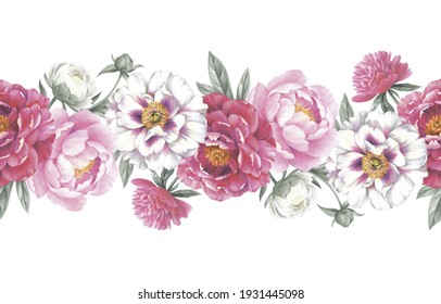 Colored pencil seamless border with peonies on white background. Floral vintage arrangement. Hand drawn botanical pattern for greeting cards, wedding invitation cards and summer backgrounds. 