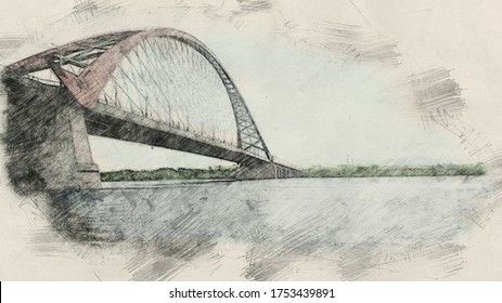 Colored pencil  drawn arched bridge extending into perspective