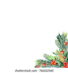 Colored pencils Christmas decorations for design. Spruce, cones, holly, mistletoe. Corner.