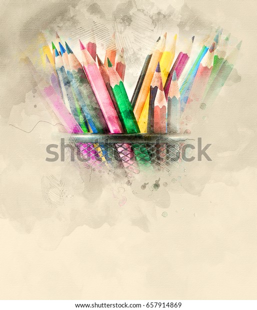 Colored Pencils Watercolor Background Stock Illustration 657914869