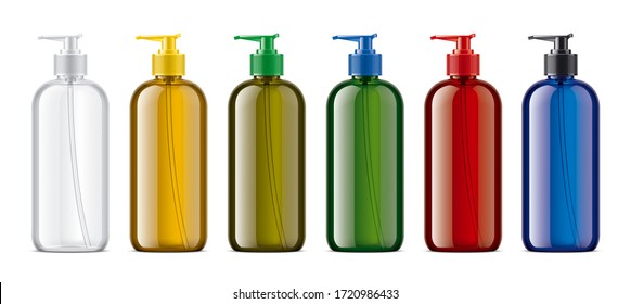 Colored plastic Bottles set. Transparent version. 3d rendering