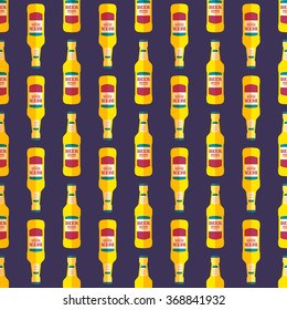 colored pop art style yellow beer bottle seamless pattern on dark blue background
