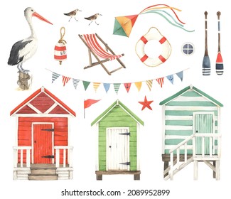 Colored set with beach huts, pelican, sandpipers and decoration design elements, watercolor collection isolated on white background for your marine design, poster for travel, summer banner or card.