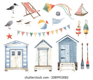 Colored set with beach huts, seagulls, sandpipers and decoration design elements, watercolor collection isolated on white background for your marine design, poster for travel, summer banner or card.