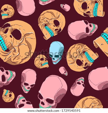 Colored Skulls Repeat Pattern on Dark Red Background