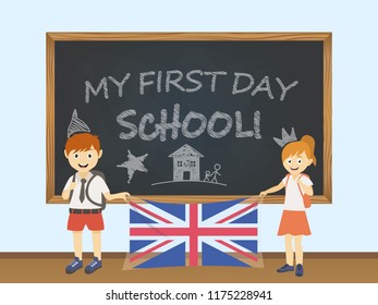 Colored Smiling Children, Boy And Girl, Holding A National UK Flag Behind A School Board Illustration.  Cartoon Illustration Of First School Day Colored