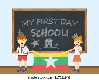 Colored smiling children, boy and girl, holding a national Myanmar flag behind a school board illustration.  cartoon illustration of first school day colored - Powered by Shutterstock