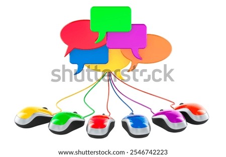 Colored speech bubbles connected with computer mouses, 3D rendering isolated on white background