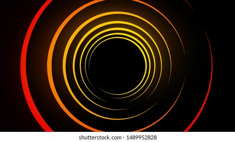 Colored spiral lines on black background. Animation. Abstract hypnotic lines glow and spin in black space. Bright lines radiate warm light and slowly twist into spirals on black background