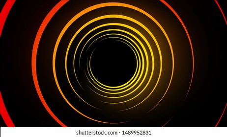 Colored spiral lines on black background. Animation. Abstract hypnotic lines glow and spin in black space. Bright lines radiate warm light and slowly twist into spirals on black background