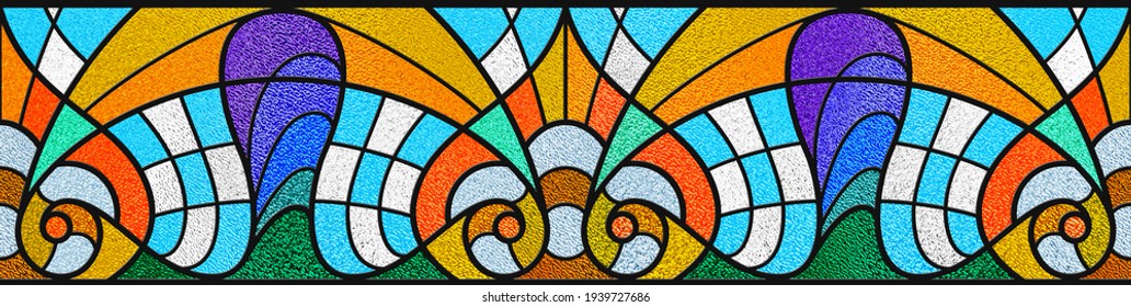 Colored Stained Glass Window. Art Nouveau Interior Design Style. Abstract Stained-glass Background. Bright Colors, Colorful. Modern Stained Glass. Expression Of Color.  Vintage. Seamless Pattern.