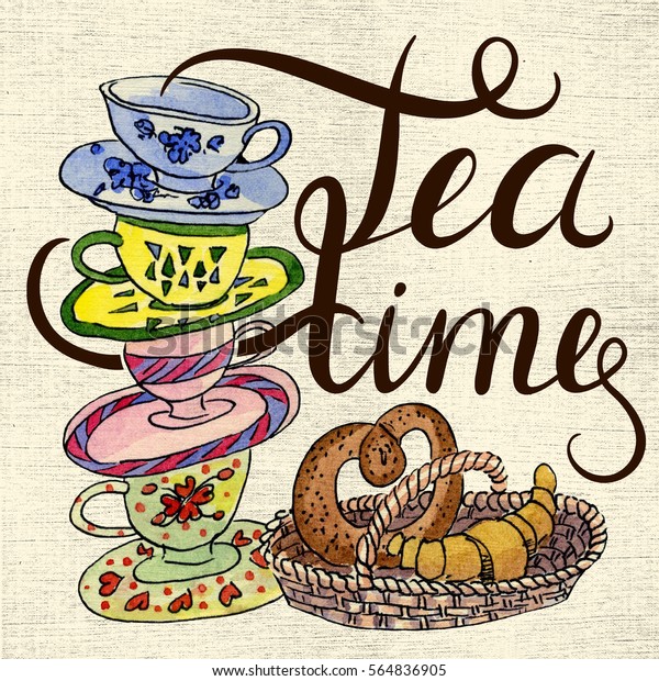 Colored Tea Cups Basket Scones Tea Stock Illustration 564836905