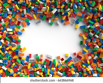 Ladrillos de juguete coloreados con lugar para tu contenido. Representación 3D.