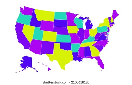 Colored United States Of America map. US background template. Map of America with separated countries and interstate borders. All states and regions are named in the layer panel.