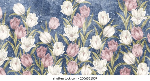 colored very bright painted tulips, wall murals in the room interior of a house or apartment