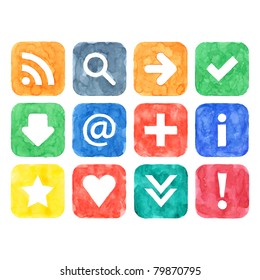 Colored watercolor handmade web 2.0 buttons set with popular internet sign on white background